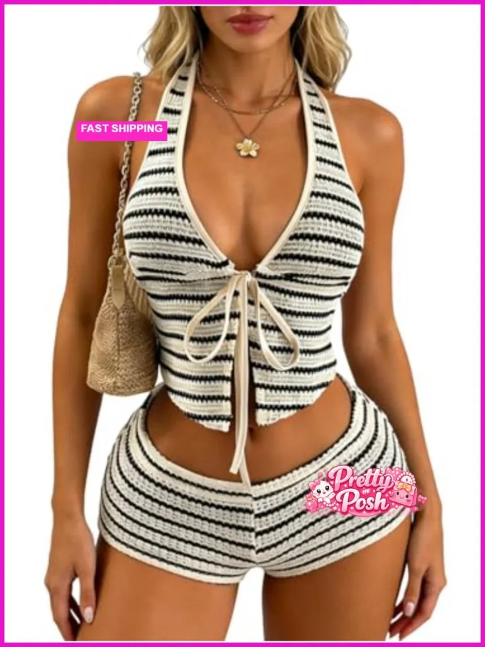 Two Piece Crochet Y2K Halter Top & Mini Shorts Set Going Out Outfit
